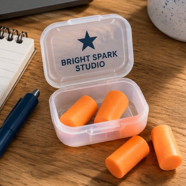 Customer photo of custom ear plugs on a desk